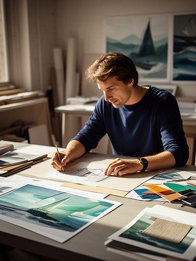 Chefdesignerin an einem Arbeitstisch mit Skizzen, Farbmusterkarten und maritimen Motiven
