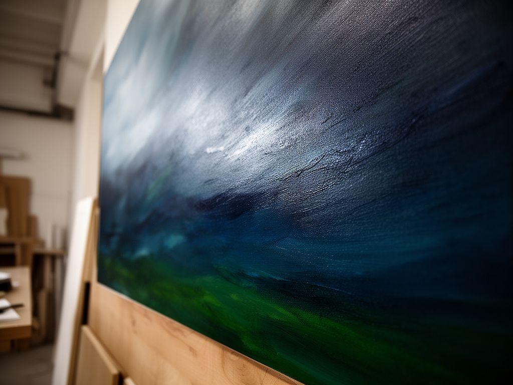 Detailansicht eines maritimen Wandpaneels mit tiefen Blau- und Grüntönen in einem professionellen Atelier