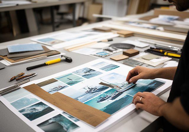 Designer prüft ein maritimes Paneel-Layout am Arbeitstisch mit Mustern, Licht und präzisen Werkzeugen