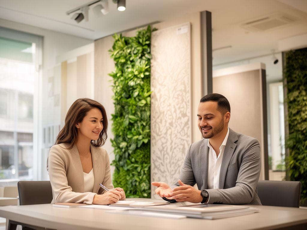 Freundliche Beratungsszene in einem modernen Showroom mit dekorativen Wandpaneelen und einer Expertin am Tisch