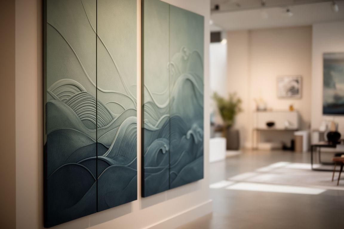 Dekorative Wandpaneele mit Meeresmotiven in einem ruhigen Showroom mit natürlichem Licht